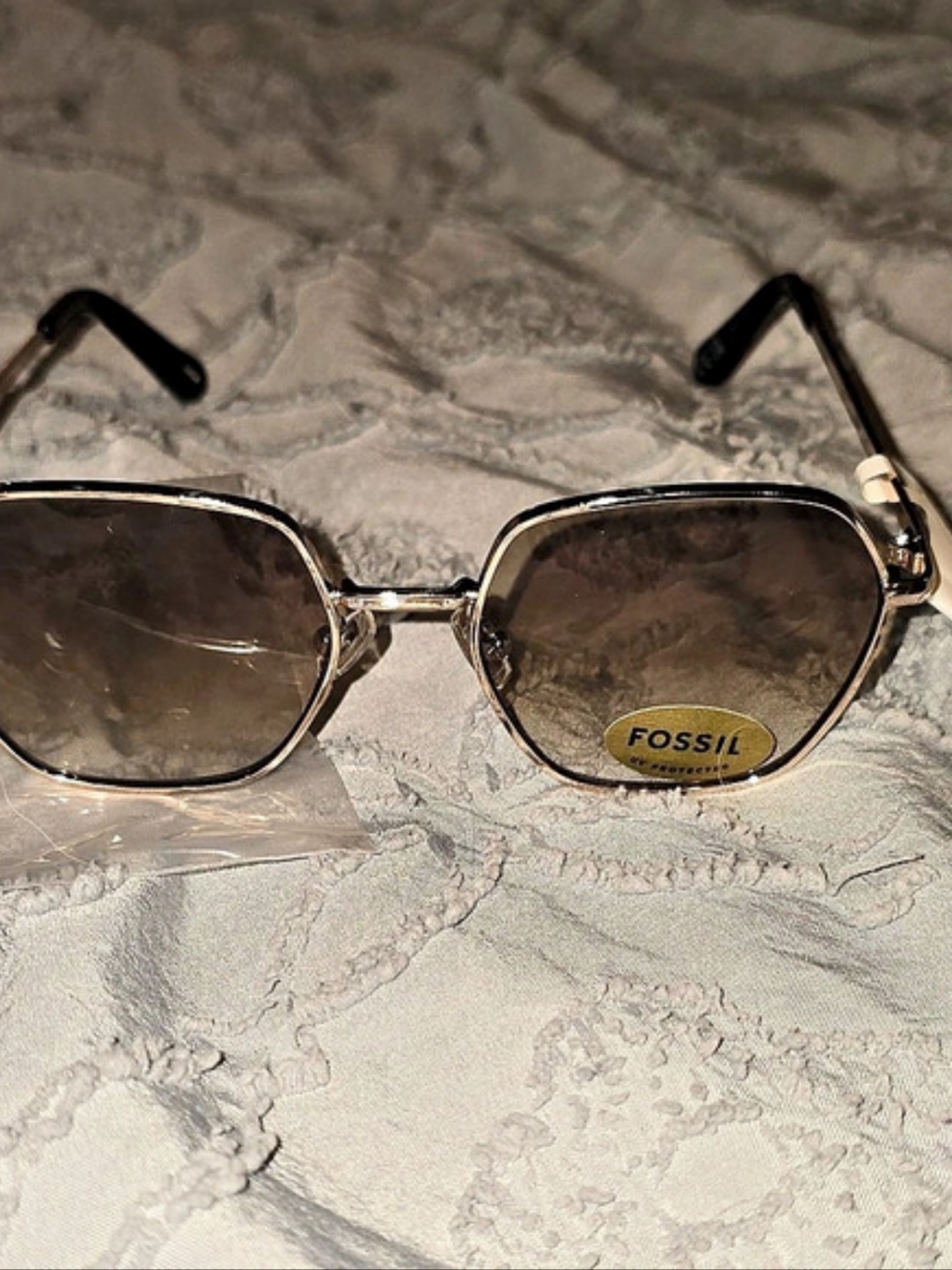 Fossil FW243 Geometric Sunglasses Gold Metal Frame Brown Gradient Lenses NWT